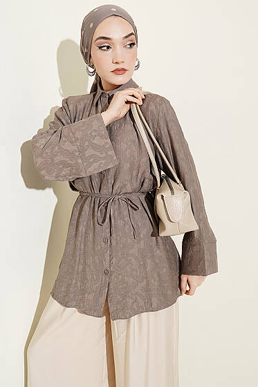 Paisley Desenli İp Kuşaklı Gömlek Koyu Vizon - Gömlek