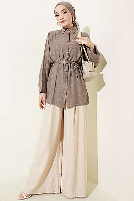 Paisley Desenli İp Kuşaklı Gömlek Koyu Vizon - Gömlek