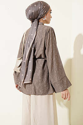 Paisley Desenli İp Kuşaklı Gömlek Koyu Vizon - Gömlek