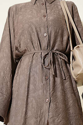 Paisley Desenli İp Kuşaklı Gömlek Koyu Vizon - Gömlek