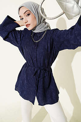 Paisley Desenli İp Kuşaklı Gömlek Lacivert - DUFON