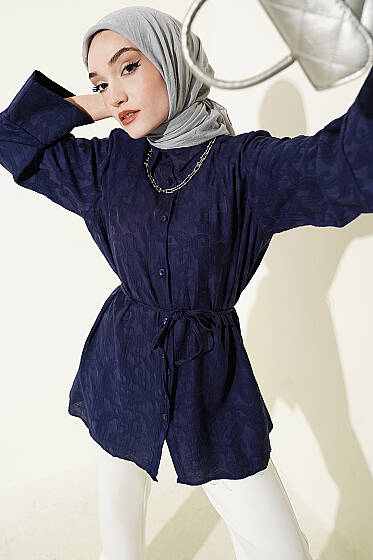 Paisley Desenli İp Kuşaklı Gömlek Lacivert - Gömlek