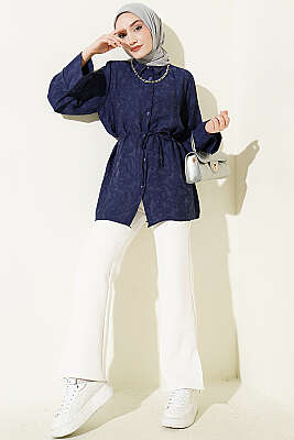 Paisley Desenli İp Kuşaklı Gömlek Lacivert - Gömlek