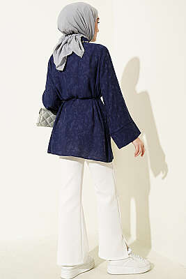 Paisley Desenli İp Kuşaklı Gömlek Lacivert - Gömlek