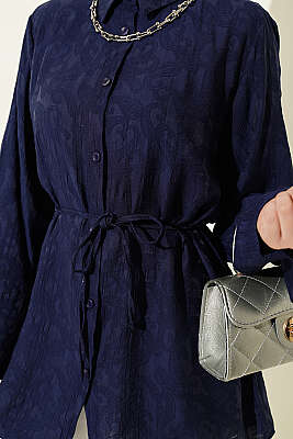 Paisley Desenli İp Kuşaklı Gömlek Lacivert - Gömlek