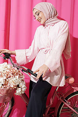 Paisley Desenli İp Kuşaklı Gömlek Pembe - DUFON