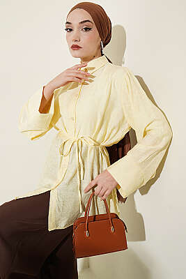 Paisley Desenli İp Kuşaklı Gömlek Sarı - DUFON