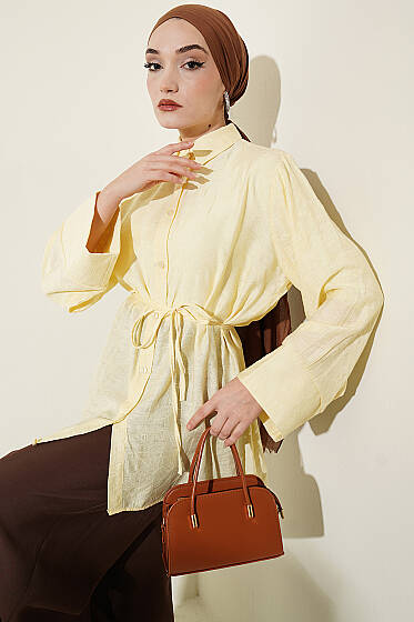 Paisley Desenli İp Kuşaklı Gömlek Sarı - Gömlek