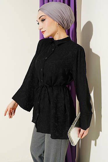 Paisley Desenli İp Kuşaklı Gömlek Siyah - 500-700 TL Ürünler