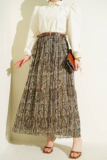Paisley Desenli Kemerli Tül Etek Bej - Etek