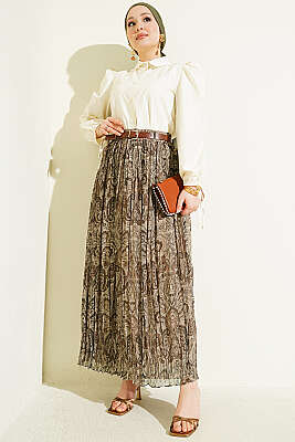 Paisley Desenli Kemerli Tül Etek Bej - Etek