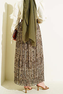 Paisley Desenli Kemerli Tül Etek Bej - Etek