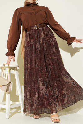 Paisley Desenli Kemerli Tül Etek Kahve - ALİ AKKAYA