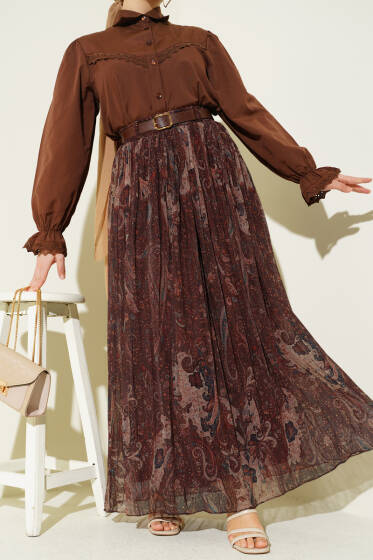 Paisley Desenli Kemerli Tül Etek Kahve - Etek