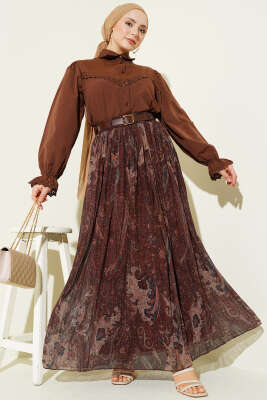 Paisley Desenli Kemerli Tül Etek Kahve - Etek