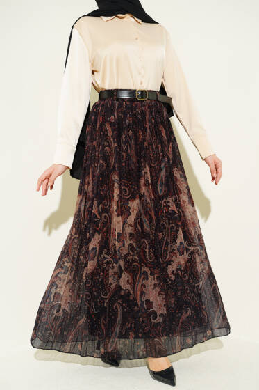 Paisley Desenli Kemerli Tül Etek Siyah - Etek
