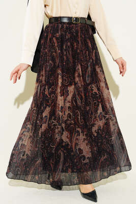Paisley Desenli Kemerli Tül Etek Siyah - Etek