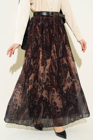 Paisley Desenli Kemerli Tül Etek Siyah - Etek