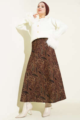 Paisley Desenli Kloş Etek Kahve - Etek
