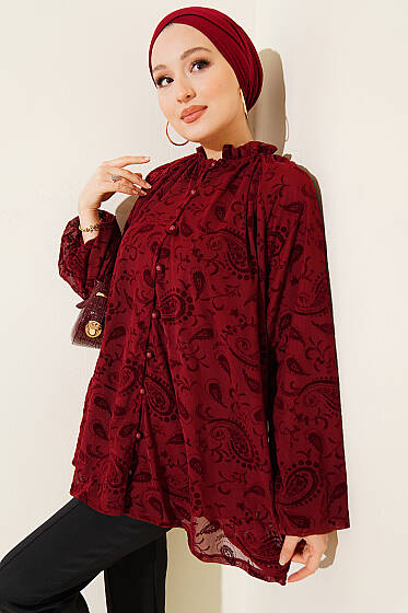 Paisley Desenli Tül Gömlek Bordo - Gömlek