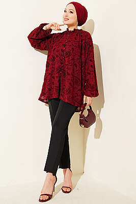 Paisley Desenli Tül Gömlek Bordo - Gömlek