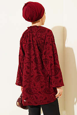 Paisley Desenli Tül Gömlek Bordo - Gömlek