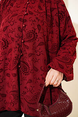 Paisley Desenli Tül Gömlek Bordo - Gömlek
