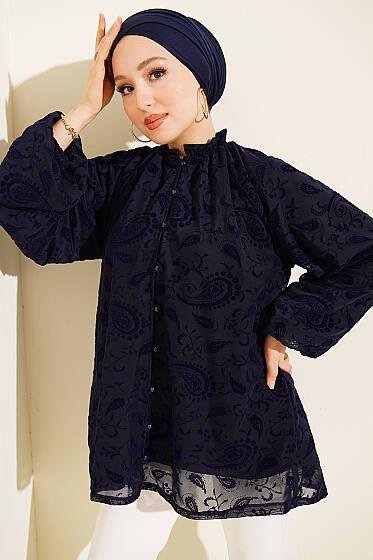 Paisley Desenli Tül Gömlek Lacivert - Gömlek