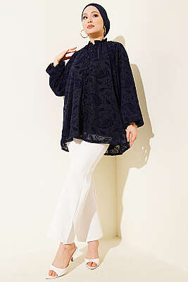 Paisley Desenli Tül Gömlek Lacivert - Gömlek