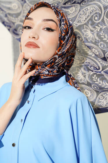 Paisley Flamu Cotton Eşarp Lacivert - Başörtüsü