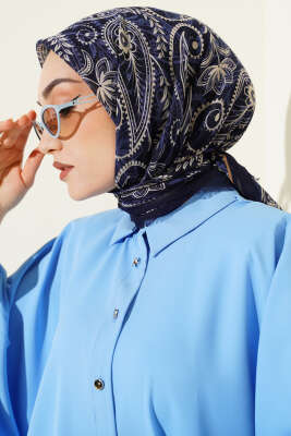 Paisley Flamu Cotton Eşarp Lacivert Mavi - Başörtüsü