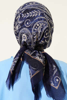Paisley Flamu Cotton Eşarp Lacivert Mavi - Başörtüsü