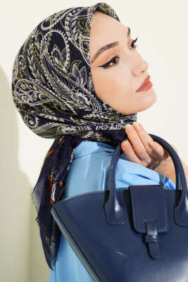 Paisley Flamu Cotton Eşarp Lacivert Yeşil - Başörtüsü