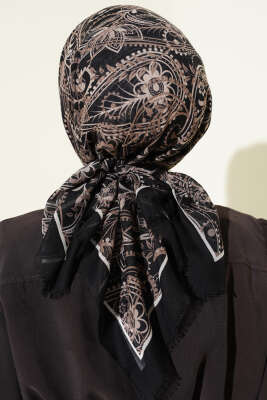 Paisley Flamu Cotton Eşarp Siyah Bej - Başörtüsü
