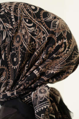 Paisley Flamu Cotton Eşarp Siyah Bej - Başörtüsü