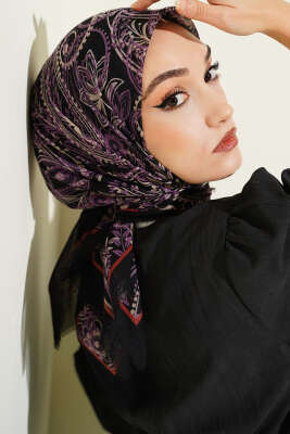 Paisley Flamu Cotton Eşarp Siyah Lila - SİNEM EŞARP