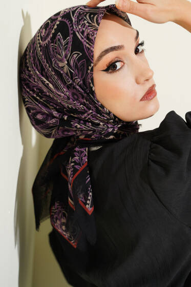 Paisley Flamu Cotton Eşarp Siyah Lila - Başörtüsü
