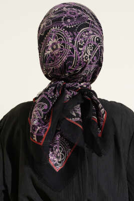 Paisley Flamu Cotton Eşarp Siyah Lila - Başörtüsü