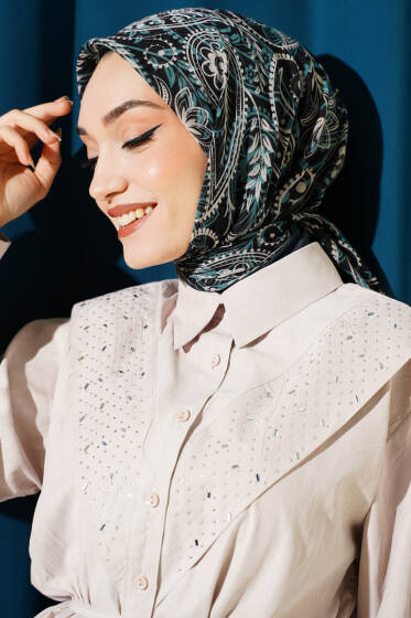 Paisley Flamu Cotton Eşarp Zümrüt - Başörtüsü