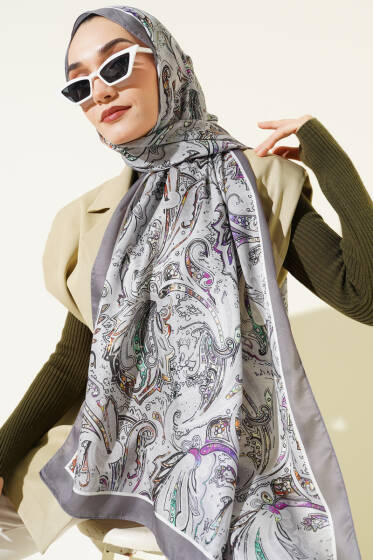 Paisley İşlemeli Soft Şal Gri - Başörtüsü