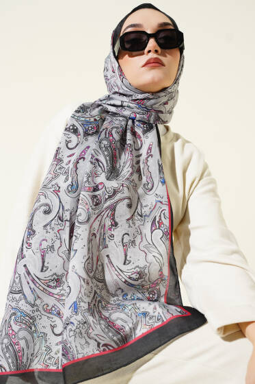 Paisley İşlemeli Soft Şal Siyah Gri - Başörtüsü