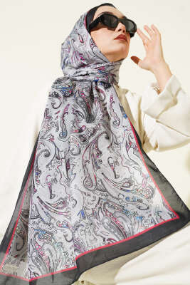 Paisley İşlemeli Soft Şal Siyah Gri - Başörtüsü