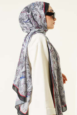 Paisley İşlemeli Soft Şal Siyah Gri - Başörtüsü