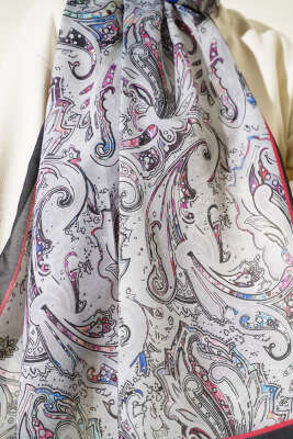 Paisley İşlemeli Soft Şal Siyah Gri - Başörtüsü