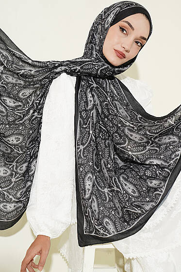 Paisley Kraş Modal Şal Siyah - Başörtüsü