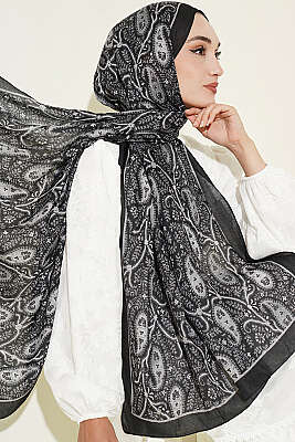 Paisley Kraş Modal Şal Siyah - Başörtüsü