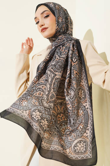 Paisley Motif Soft Şal Siyah Bej - Başörtüsü