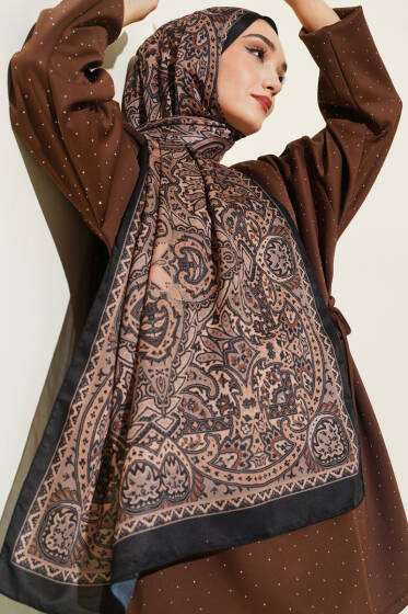 Paisley Motif Soft Şal Siyah Camel - Başörtüsü