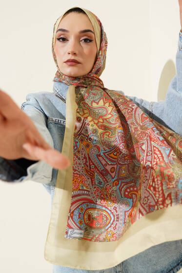 Paisley Motifli Şal Kına Yeşili - Başörtüsü