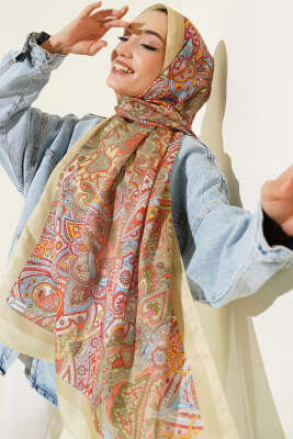 Paisley Motifli Şal Kına Yeşili - Başörtüsü